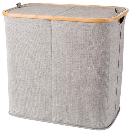 MV Bamboo With Canvas Gray Double Hamper Split Laundry Basket With Lid ...