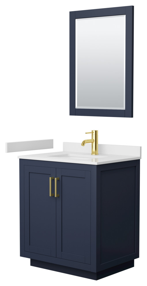 Miranda 30" Single Vanity, Dark Blue, White Marble Top, Gold Trim, 24