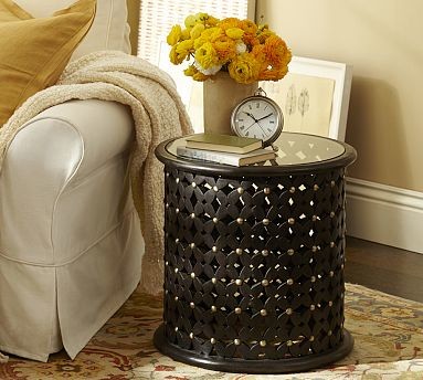 Bamilkeke Round Carved Wood Side Table with Glass Top, Antique Black finish