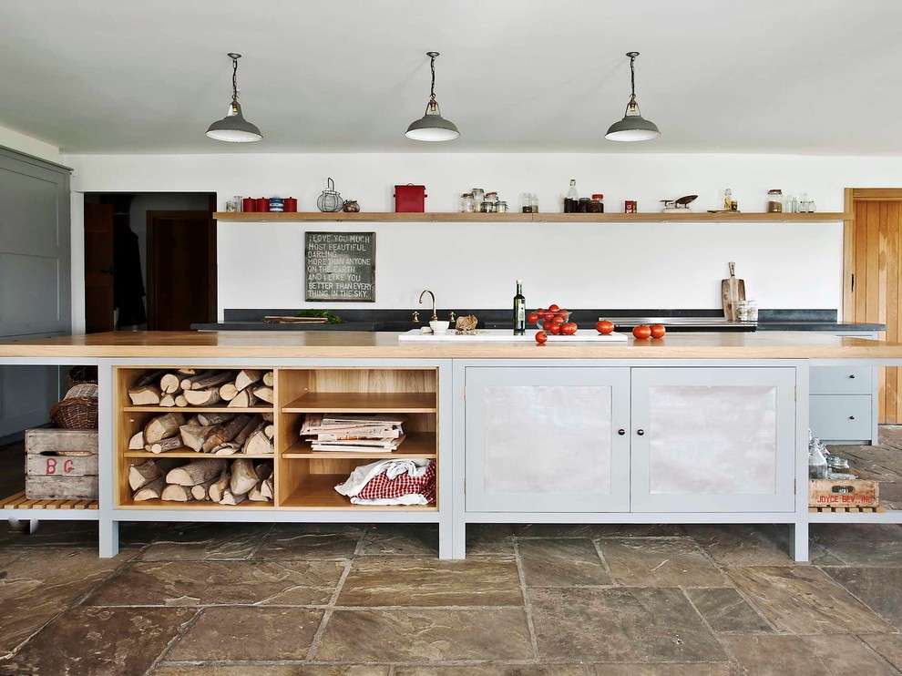 Design ideas for a country kitchen in London with open cabinets and with island.