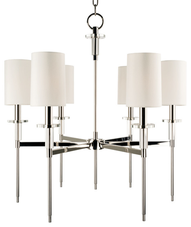 Amherst, Six Light Chandelier, Polished Nickel Finish, Off White Faux Silk Shade