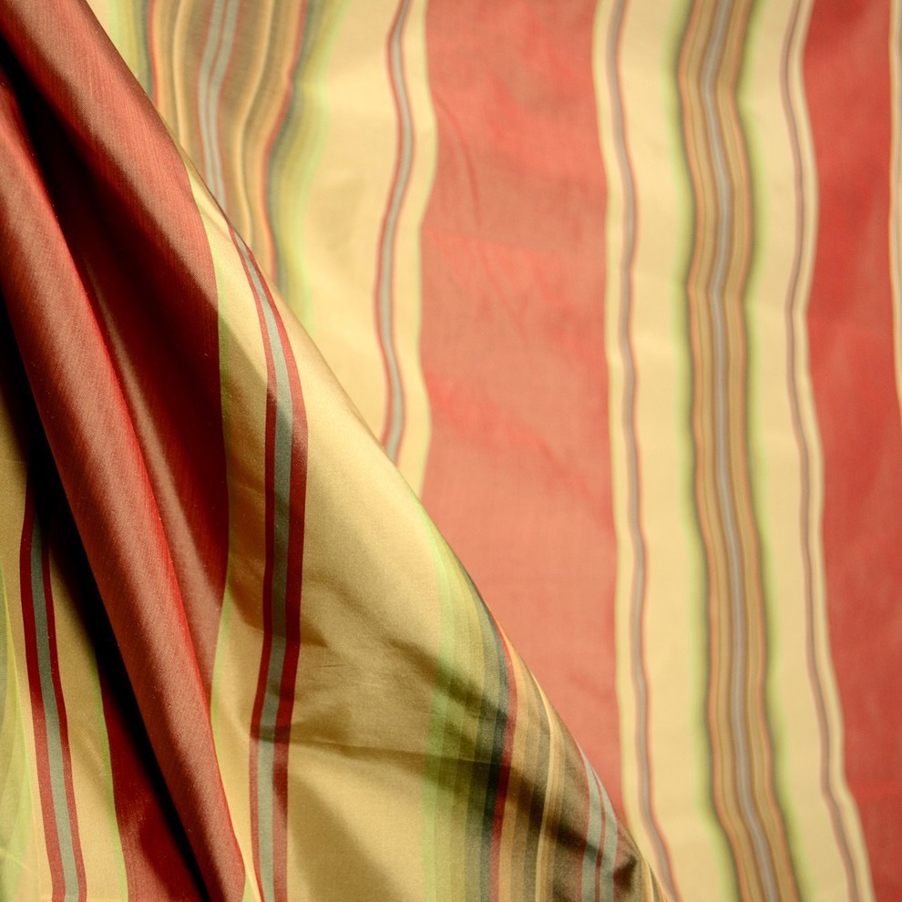 Striped Real Silk Red Green Gold Fabric, Sample