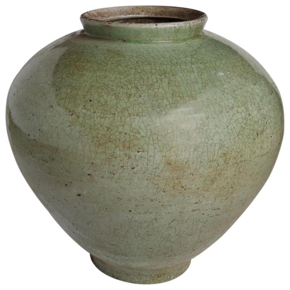 Jar Vase Cone Large Crackled Celadon Green Ceramic Handmade Ha