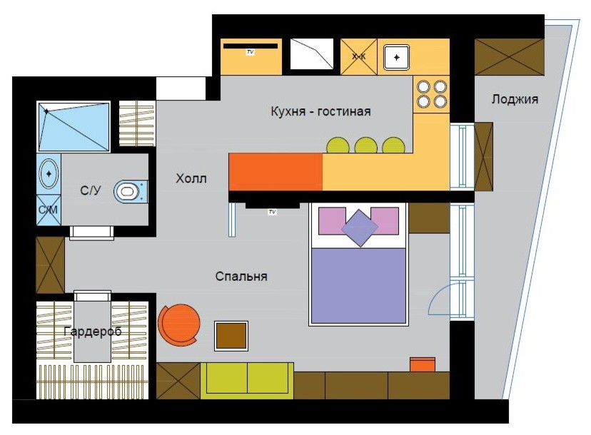 Два проекта перепланировки однокомнатной квартиры на 33 кв. м