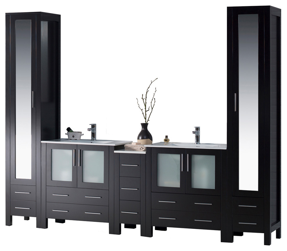 Sydney 102" Vanity Set With Mirror Linen Cabinet, Espresso No Mirror