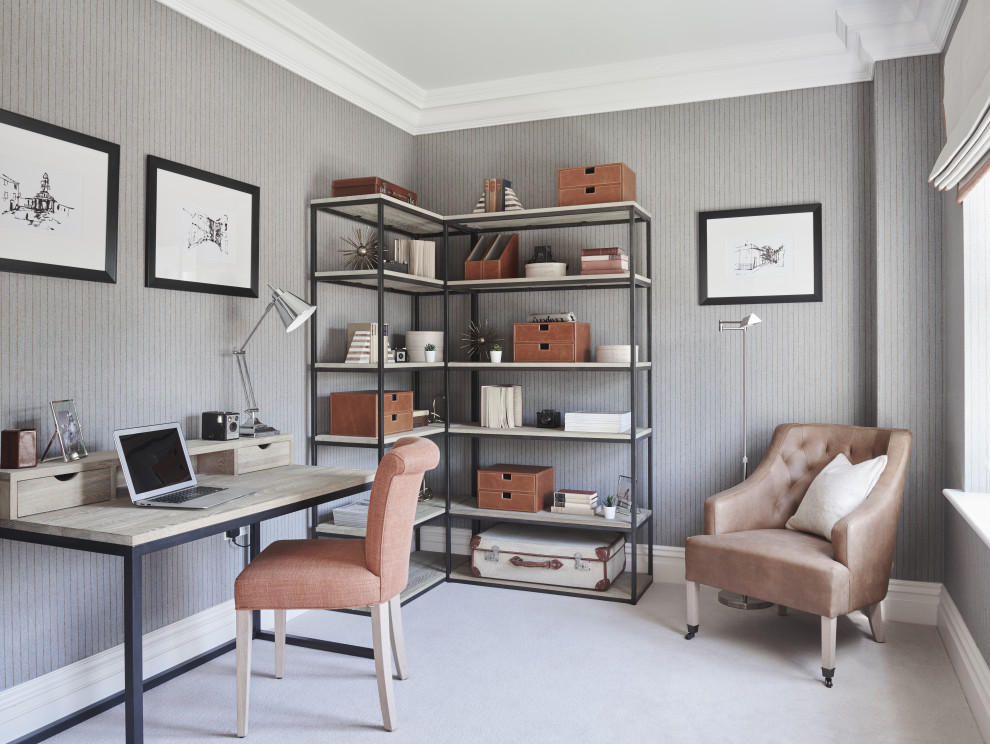 Inspiration for a transitional home office in Buckinghamshire with grey walls, carpet, a freestanding desk and grey floor.