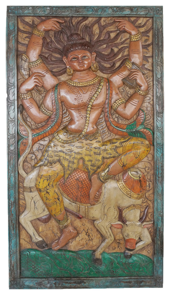 Consigned Shiva Tandav With Nandi Bull Barn Door Panel Vintage Wall Sculpture