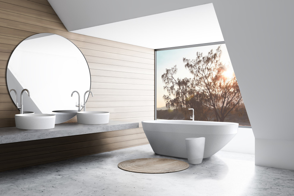 This is an example of a large scandinavian bathroom in Melbourne with open cabinets, a freestanding tub, a vessel sink, solid surface benchtops, grey benchtops, a double vanity and a floating vanity.