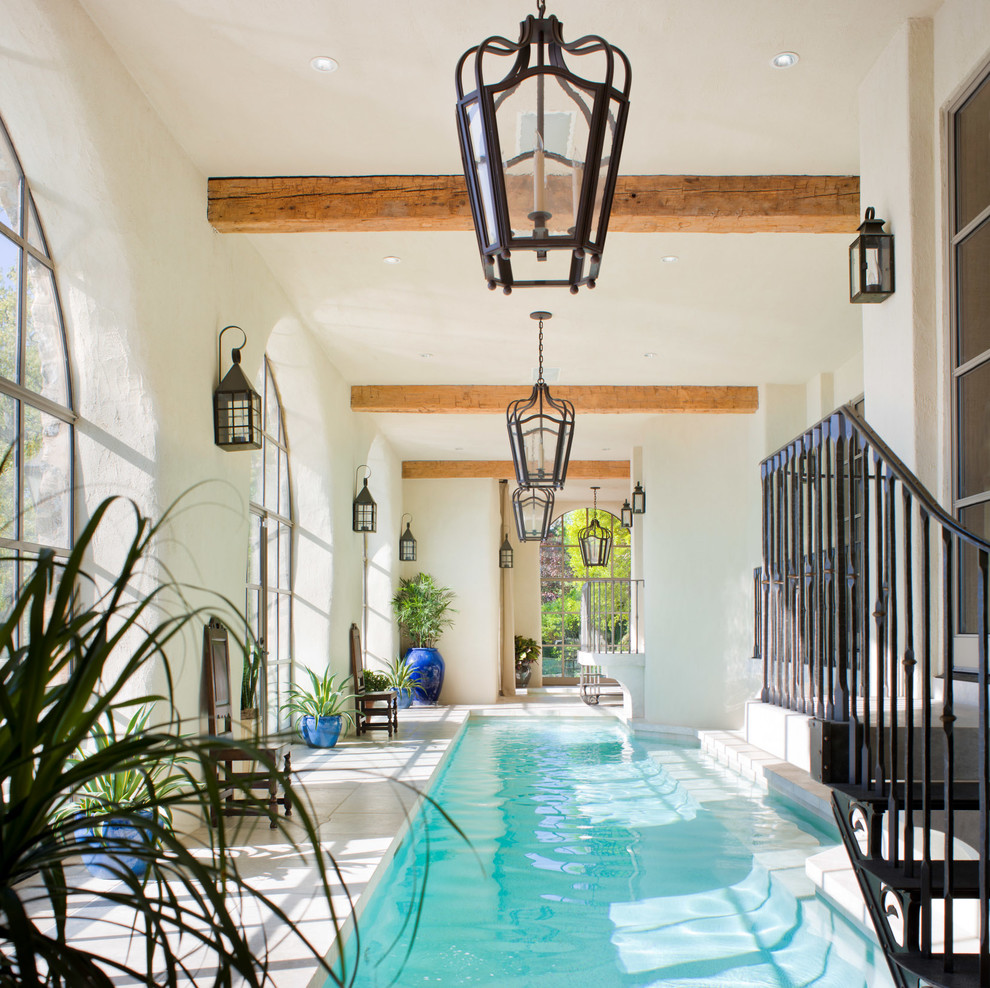 Inspiration for a mediterranean indoor custom-shaped pool in New York.