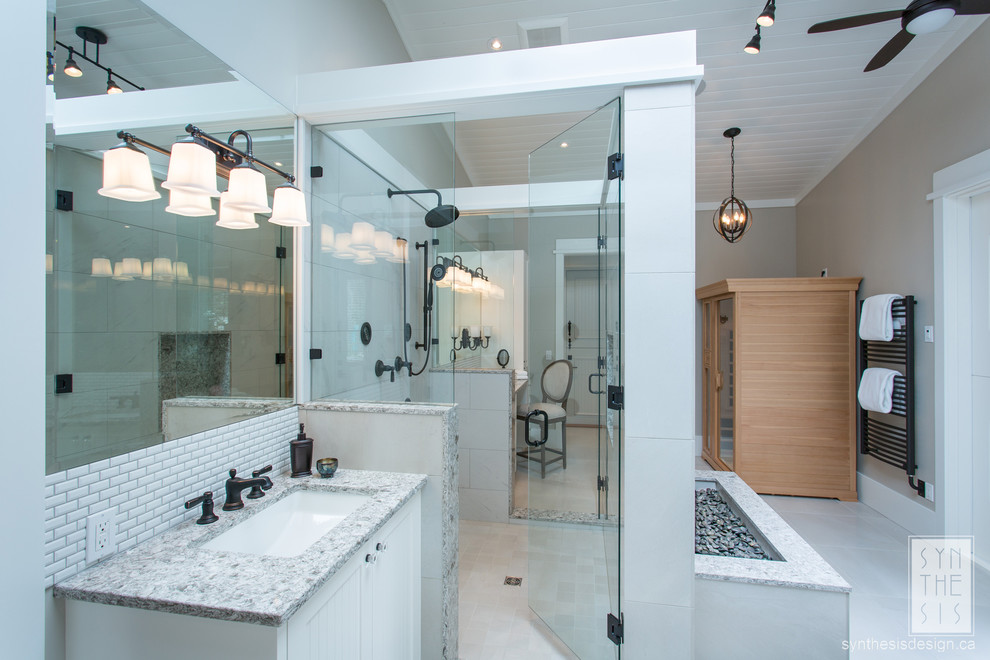 Inspiration for a large contemporary bathroom in Vancouver with shaker cabinets, white cabinets, a double shower, beige tile, ceramic tile, grey walls, ceramic floors, with a sauna, an undermount sink, engineered quartz benchtops, beige floor, a hinged shower door and multi-coloured benchtops.