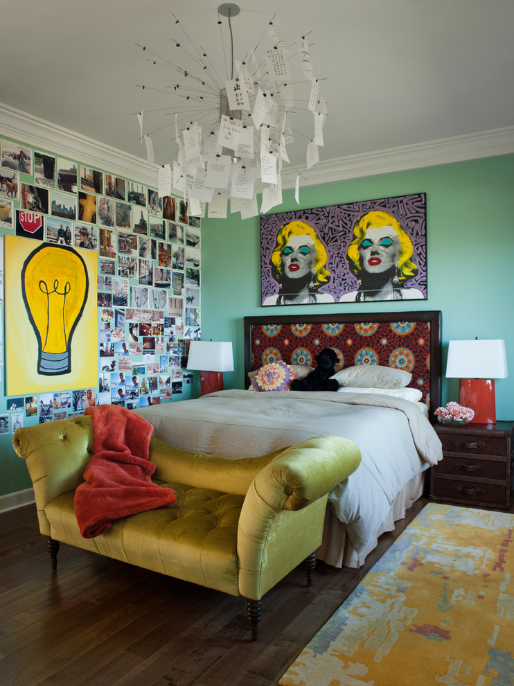 Mid-sized eclectic bedroom in San Francisco with blue walls, dark hardwood floors and brown floor.