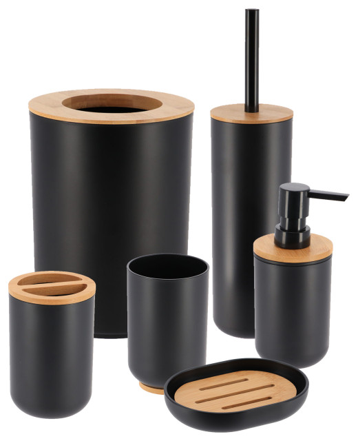 Black Padang Bathroom Accessory Set, 6 Piece, Bamboo - Transitional ...