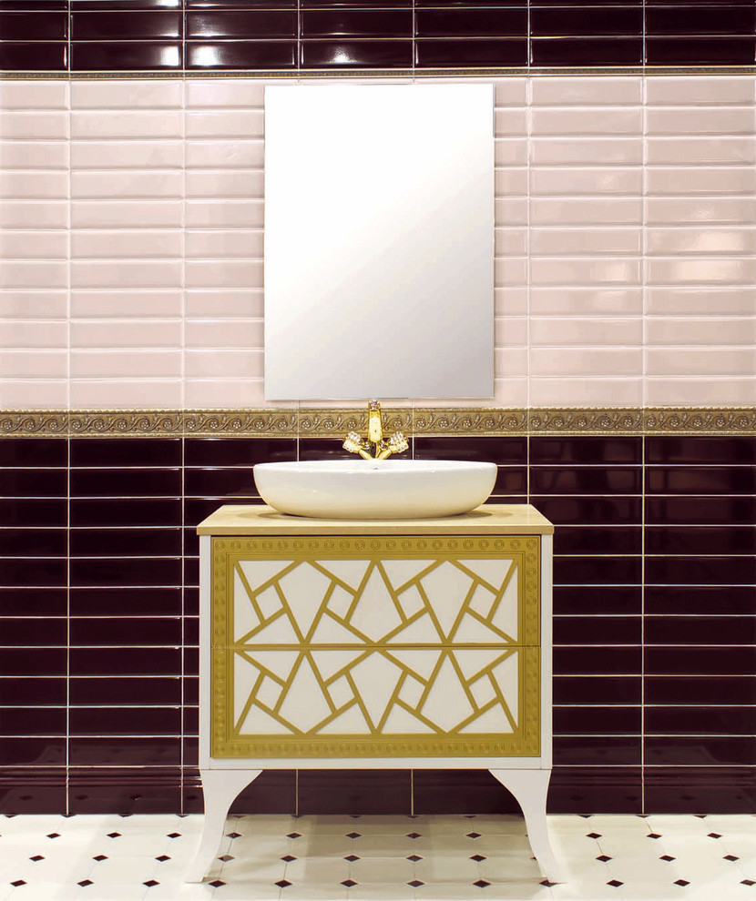This is an example of a contemporary powder room in Sydney with red tile, ceramic tile, ceramic floors, a pedestal sink and white floor.