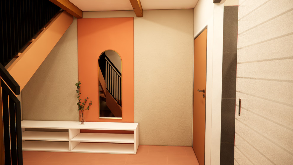 Kleiner Mediterraner Flur mit oranger Wandfarbe, Terrakottaboden und freigelegten Dachbalken in Sonstige