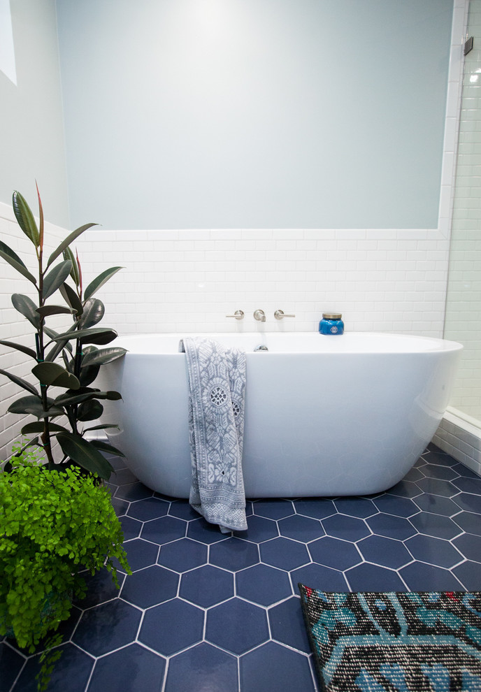 8" Hexagon tiles in Slate Blue - Unique Contemporary Bathroom Design by