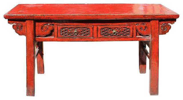 Consigned Chinese Distressed Red 2 Drawers Side Pedestal Console Table Consigned Chinese Distressed Red 2 Drawers Side Pedestal Console Table