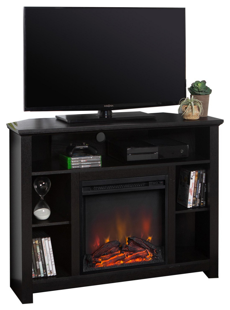 Corner Entertainment Center, Fireplace and Multiple Open Storage