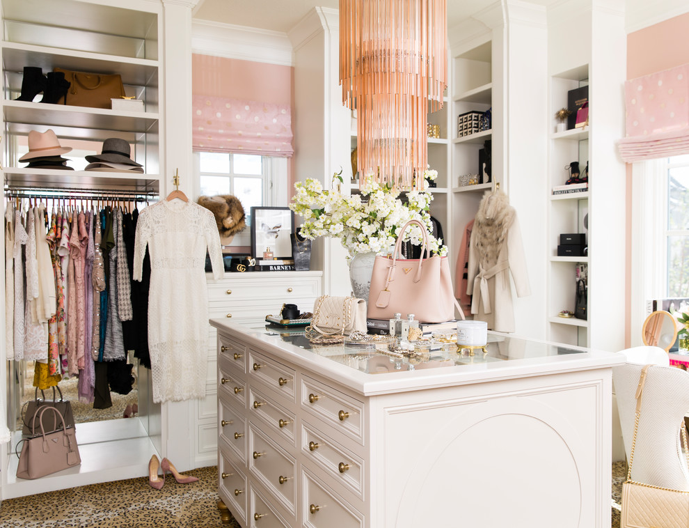 Design ideas for a traditional women's dressing room in Salt Lake City with open cabinets, white cabinets, carpet and multi-coloured floor.