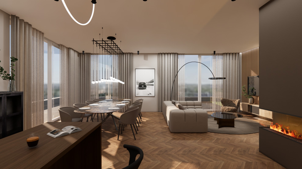 Стильный дизайн: большая гостиная-столовая в стиле модернизм с бежевыми стенами, деревянным полом и стандартным камином - последний тренд