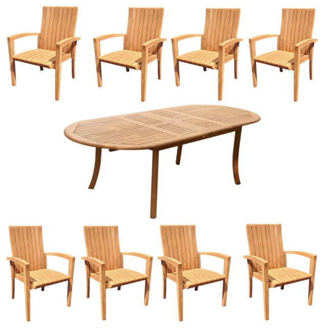 9Piece Outdoor Teak Dining Set 117" Oval Ext Table, 8 Goa Stacking