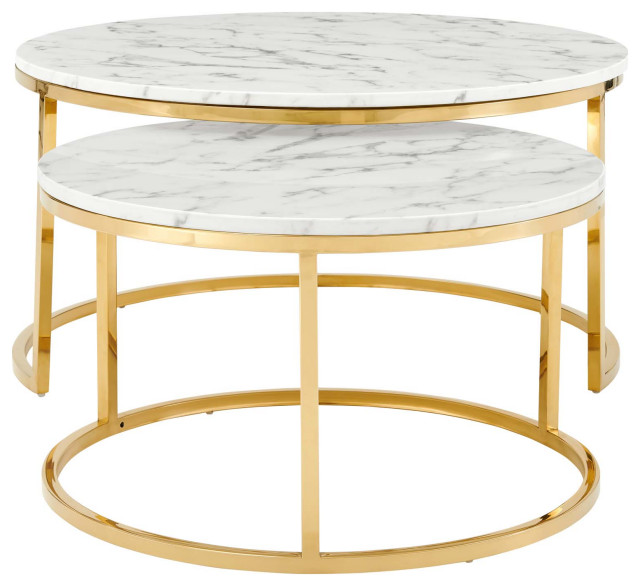 Ravenna Artificial Marble Nesting Coffee Table, Gold White