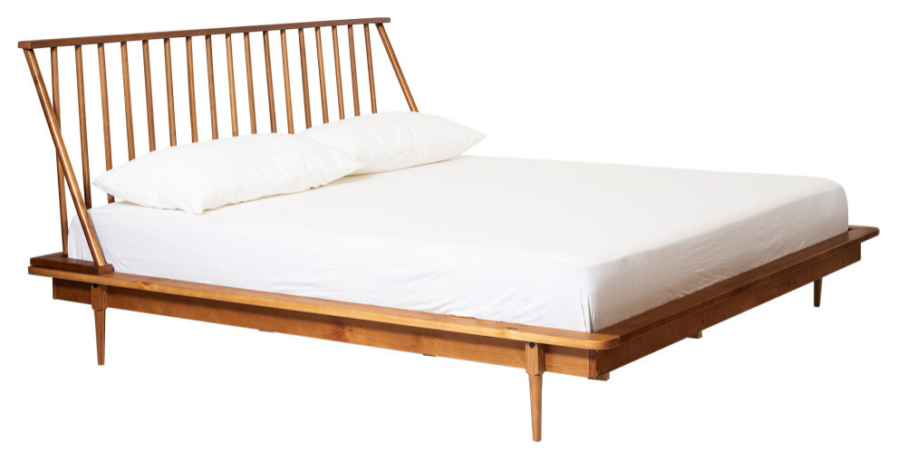 King Mid Century Modern Solid Wood Spindle Platform Bed Modern