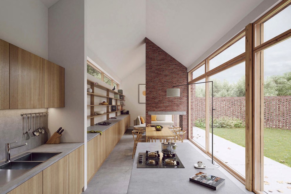 Design ideas for a mid-sized contemporary open plan kitchen in Hampshire with a double-bowl sink, flat-panel cabinets, light wood cabinets, concrete benchtops, grey splashback, concrete floors, with island, grey floor and grey benchtop.