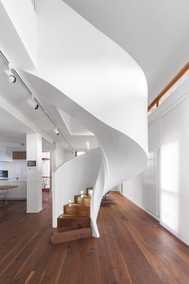 Design ideas for a contemporary wood curved staircase in Other with wood risers.