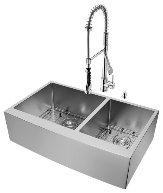 VIGO All-In-One Bingham Stainless Steel Double Bowl Farmhouse Sink Set, 36"