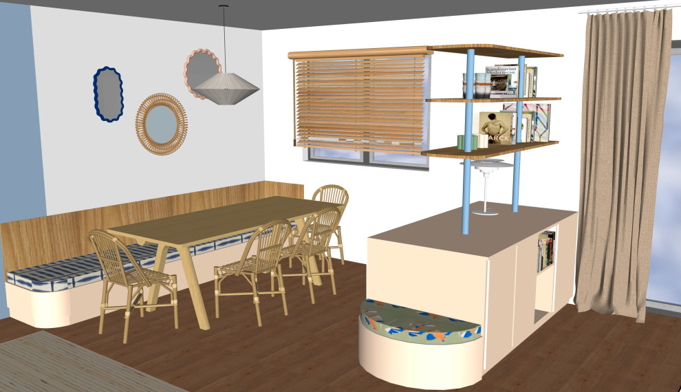 Idee per una sala da pranzo bohémian di medie dimensioni con pavimento in legno massello medio e pavimento marrone