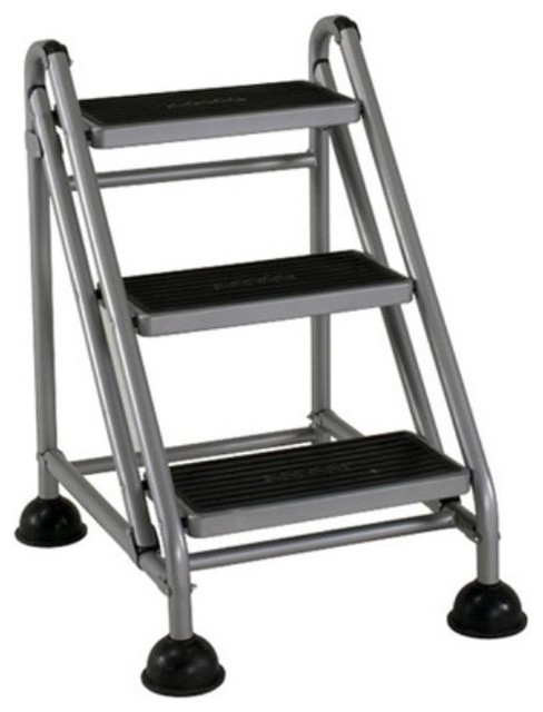 Rolling Commercial Step Stool, 3-Step, 26 3/5 Spread, Platinum/Black