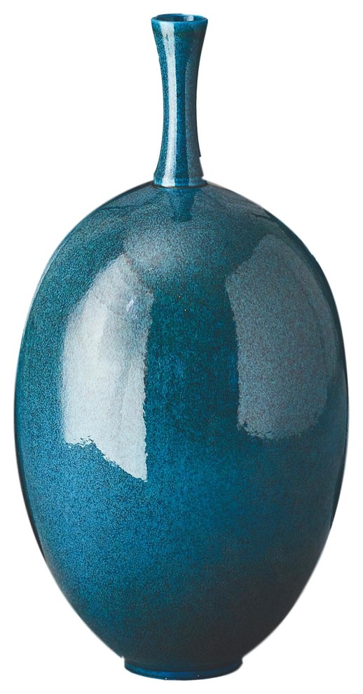 Mid Century Modern Dark Teal Bottle Vase Blue Green Egg Oval Shape Fat