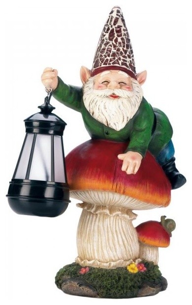 Cheerful Gardening Gnome Features Solar Powered Hat Lights