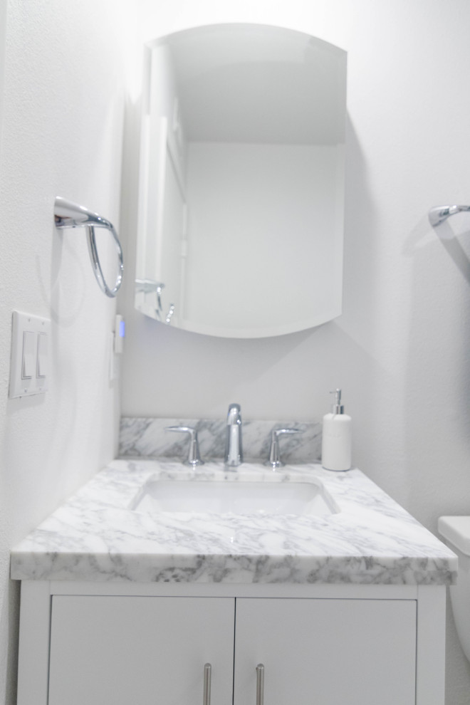 Full Modern Bathroom Remodel- Cool Greys and Blue
