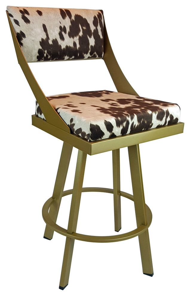 Swivel Counter Height Stool, Gold Metal Frame, Brown Cow Fabric