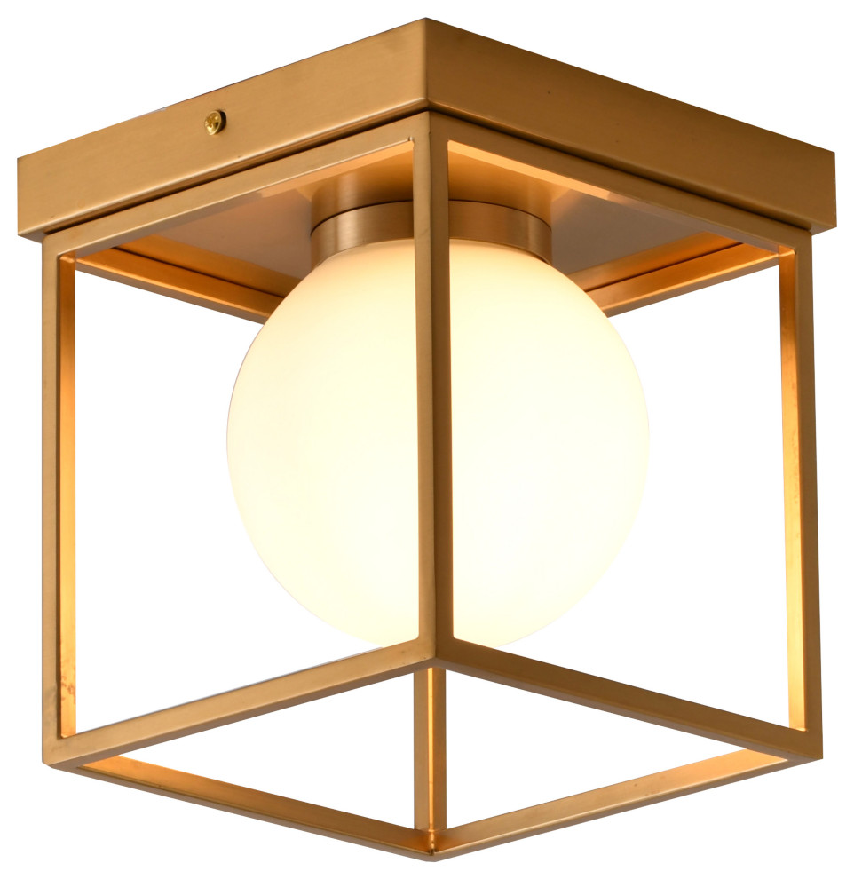 Brass Metal Semi Flush Mount With White Glass Shade Contemporary