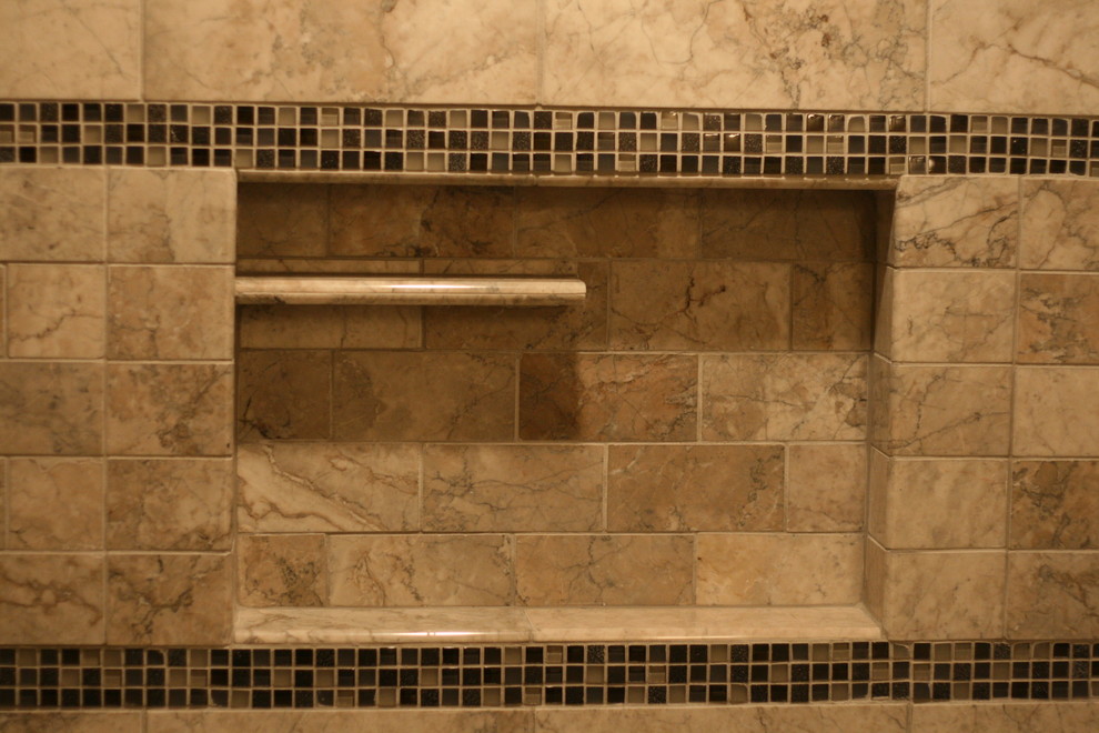 Photo of a mid-sized modern master bathroom in DC Metro with beige tile and porcelain tile.