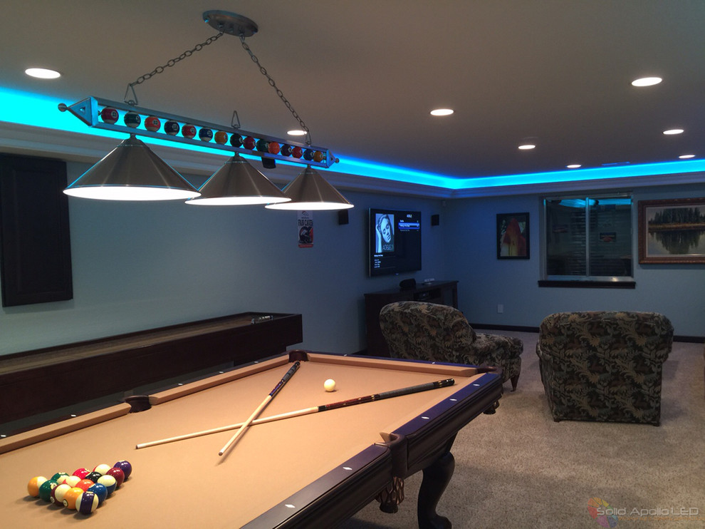 Mid-sized contemporary enclosed family room in Seattle with a game room and a wall-mounted tv.