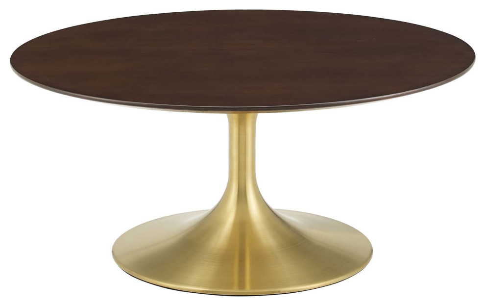 Coffee Table, Round, Wood, Metal, Gold Dark Brown Brown Walnut, Modern
