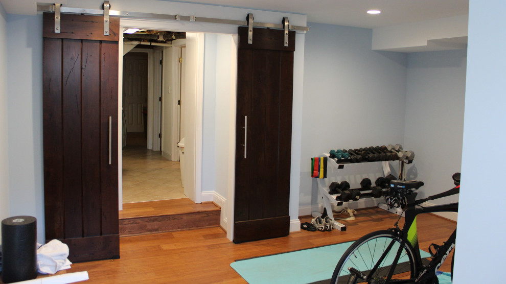 Inspiration for a mid-sized transitional multipurpose gym in DC Metro with blue walls and light hardwood floors.