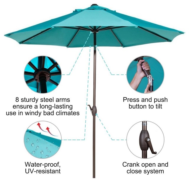9 Outdoor Premium Tilting Patio Umbrella With Crank Open 9 Outdoor Premium Tilting Patio Umbrella With Crank Open Turquoise Contemporary Umbrellas By Pebble Lane Living