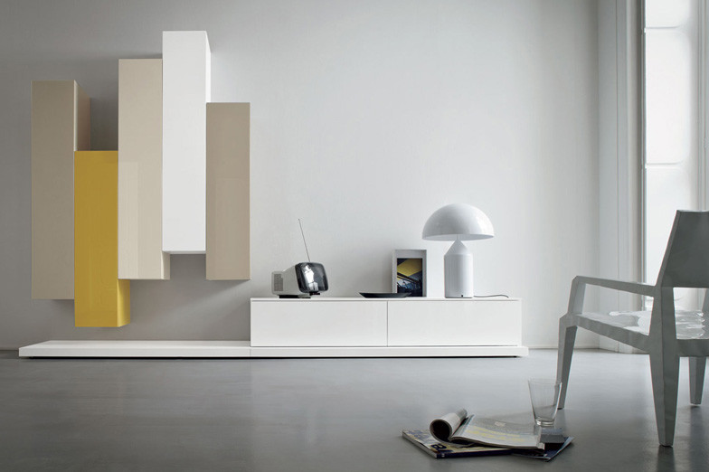 Living room - large modern formal and open concept concrete floor living room idea in New York with gray walls and a tv stand