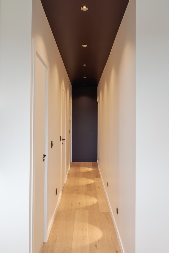Exempel på en mellanstor modern hall, med vita väggar, ljust trägolv och beiget golv