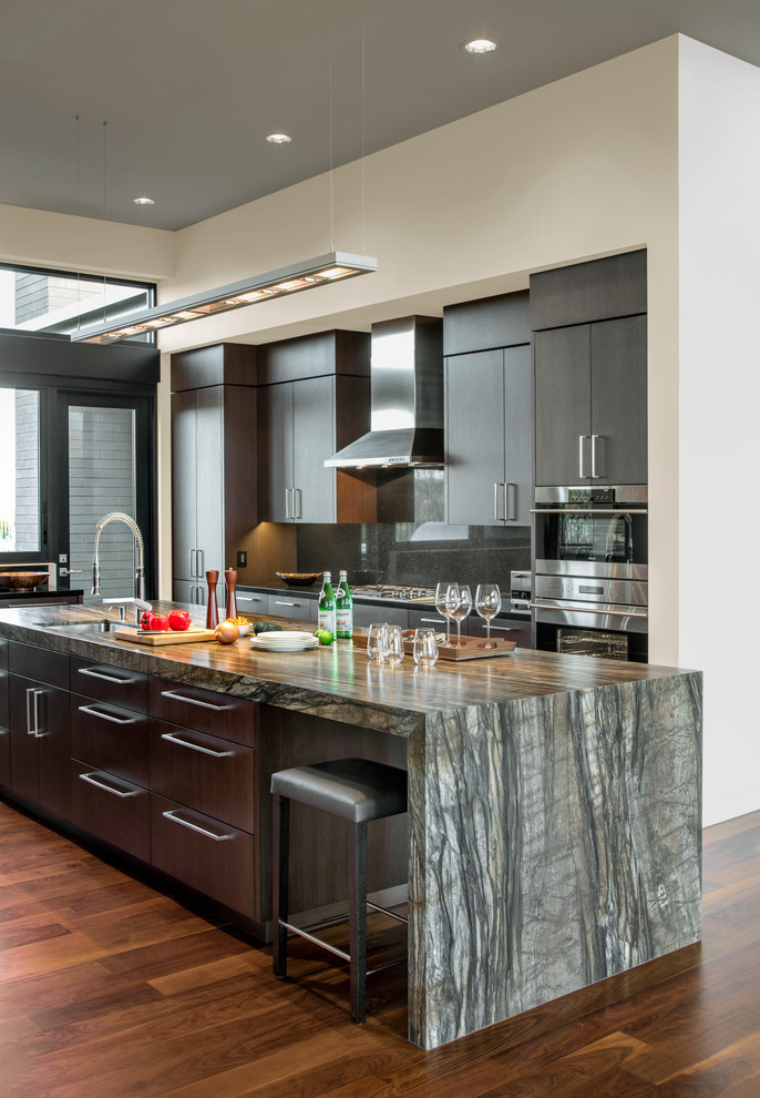 Photo of a contemporary l-shaped kitchen in Santa Barbara with an undermount sink, flat-panel cabinets, dark wood cabinets, stainless steel appliances, dark hardwood floors, with island and brown floor.
