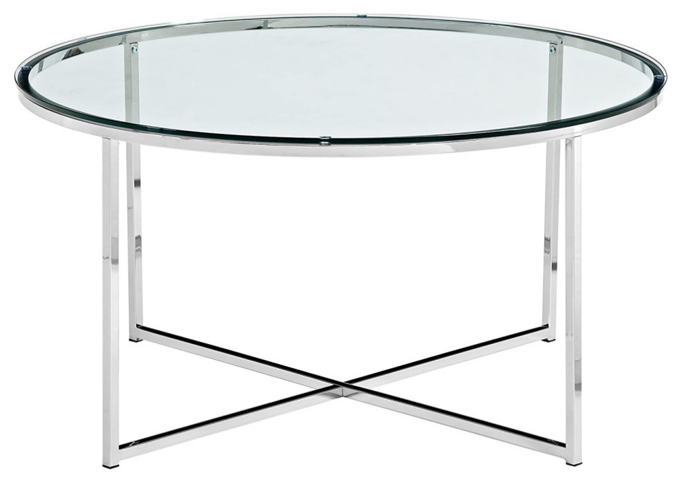36" Mid Century Modern Coffee Table With xBase, Glass/Chrome, Pack of