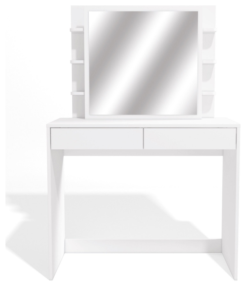 Modern Vanity Table, Spacious Drawers & Mirror With Side Open Shelves, White Transitional
