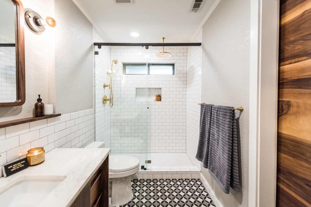 Inspiration for a small midcentury master bathroom in Dallas with flat-panel cabinets, dark wood cabinets, a double shower, white tile, ceramic tile, grey walls, cement tiles, an undermount sink, marble benchtops, multi-coloured floor and a sliding shower screen.