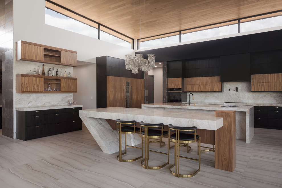 Expansive contemporary kitchen/diner in Las Vegas with a submerged sink, open cabinets, dark wood cabinets, granite worktops, multi-coloured splashback, stone slab splashback, integrated appliances, porcelain flooring, multiple islands, turquoise floors, white worktops and a wood ceiling.