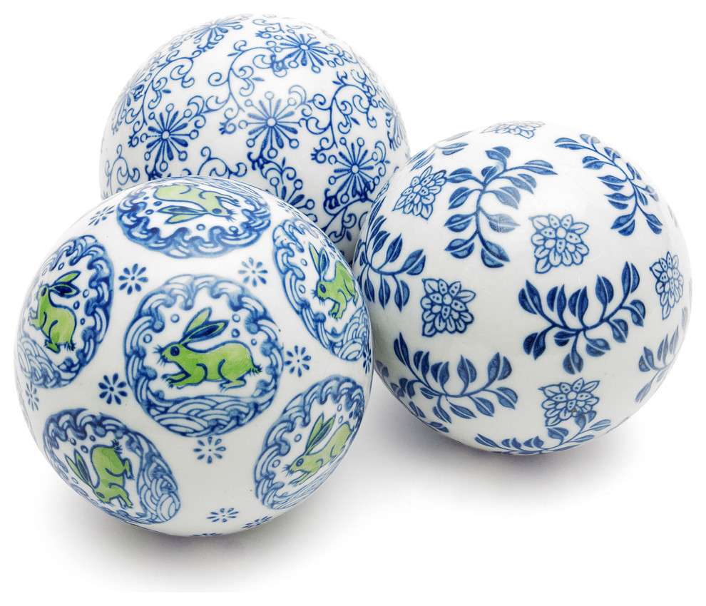 4" Blue and White Decorative Porcelain Ball Set Contemporary