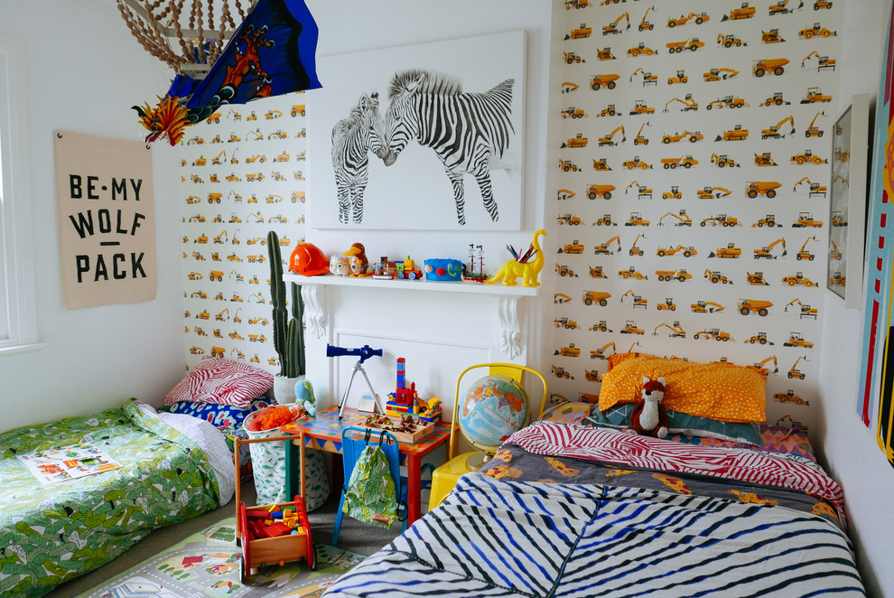 Eclectic kids' room in Sydney with white walls and carpet for boys.